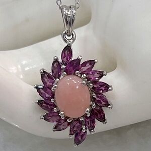 Peruvian Pink Opal Orissa Rhodolite Sterling Silver Pendant Necklace